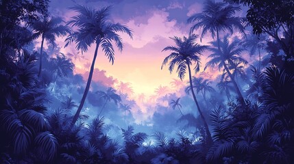 Naklejka premium Serene Purple Sunset Palm Trees Tropical Paradise. AI Generated