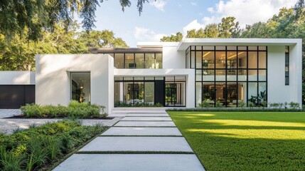 Modern white house, green lawn, sunny day, luxury home
