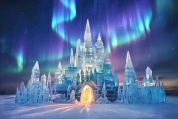 Obraz premium A majestic ice castle glows under the vibrant aurora borealis, a breathtaking winter scene.