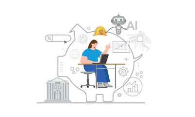 AI, a chatbot. A person is working on a computer.
Artificial intelligence technologies for doing business, online communication, work, saving money, piggy bank