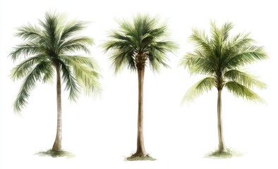 In a tropical jungle setting, an isolated green watercolor palm tree on a white background is framed by vintage coconut trees, enhanced with floral details