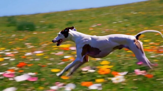 Elegant Greyhound Hopping in a Vibrant Colorful Meadow on a Sunny Day