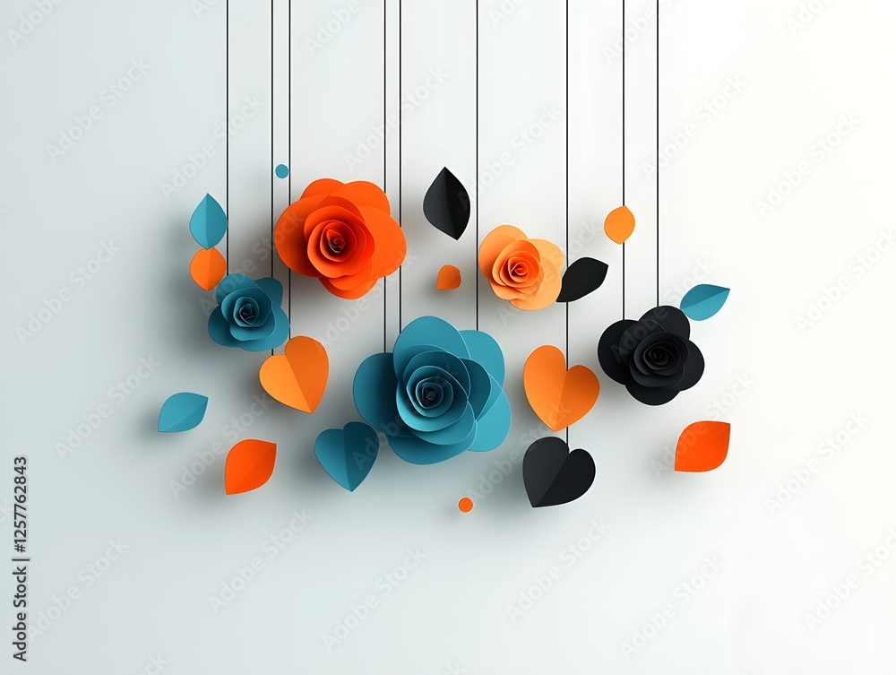 Poster minimalist geometric garland with a clean modern layout of abstract stylized rose flower shapes in a