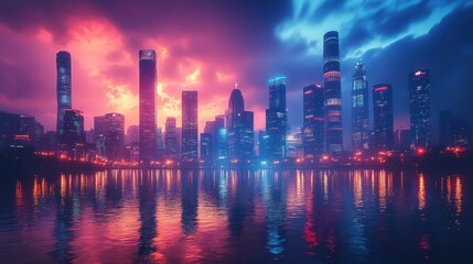 Fototapeta premium Vibrant city skyline at sunset with colorful reflections on water, showcasing modern architecture