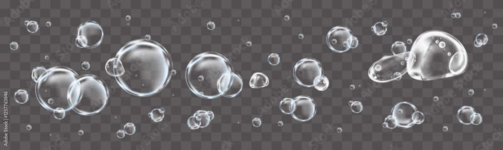 Poster soap bubbles,vector collection realistic clear foam bubbles on transparent background. vector flying