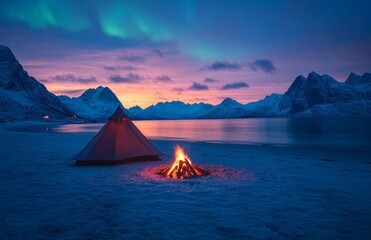 A bright yellow camping tent is highlighted by the serene and vibrant green northern lights aurora, offering a stunning travel adventure view