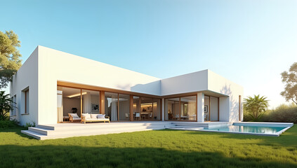 White Facade Villa with Large Reflective Windows