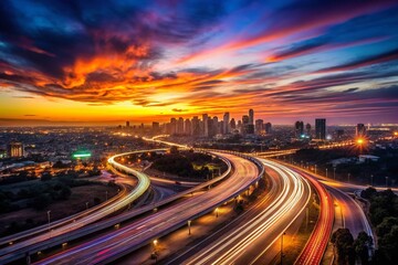 Fototapeta premium Aerial Drone Shot: Shimmering City Transportation Network at Sunset
