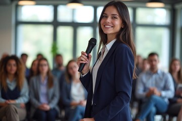 woman addressing audience in conference room blazer