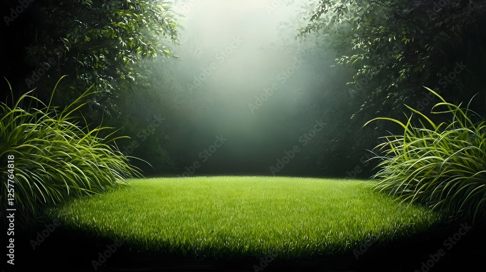 Poster meticulously rendered lush verdant grass field with intricate details creating a sense of depth and 