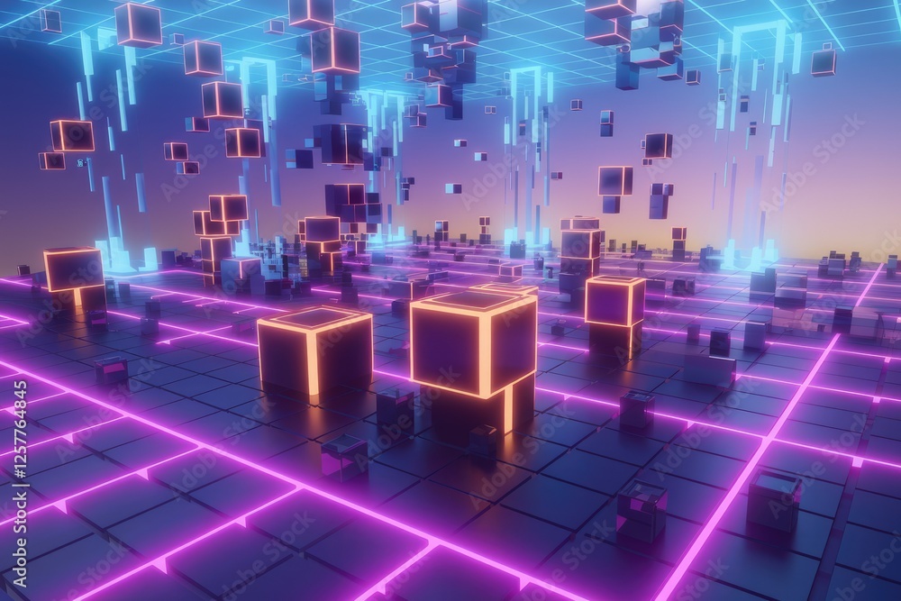 Aufkleber Neon-lit grid with glowing cubes floating and lines, creating a vibrant digital landscape.