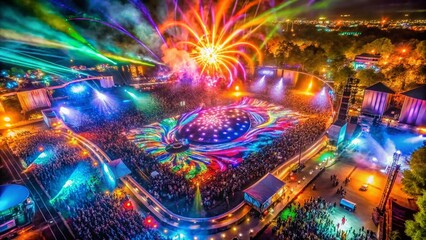 Aerial Drone Shot: Vibrant Festival Backdrop with Dynamic Spray Paint Effects