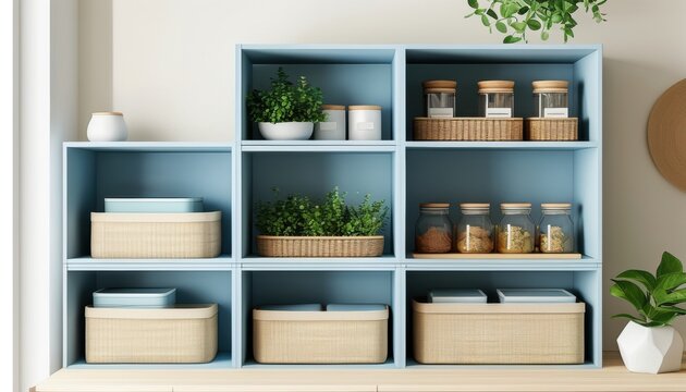 Practical storage solutions with cabinets, baskets, and shelves for efficient small space organization with copy space
