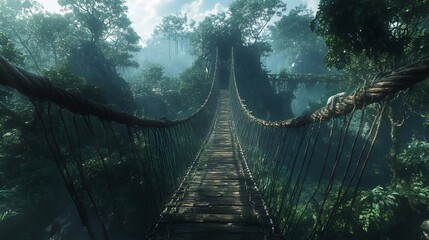 Fototapeta premium Jungle Rope Bridge Dramatic Deep Shadows Lush Greenery. AI Generated