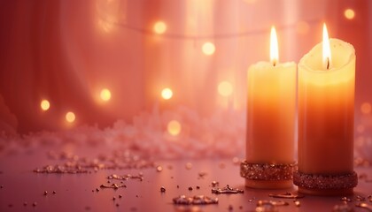 Romantic atmosphere with lit candles against a soft pink background adorned with shimmering lights
