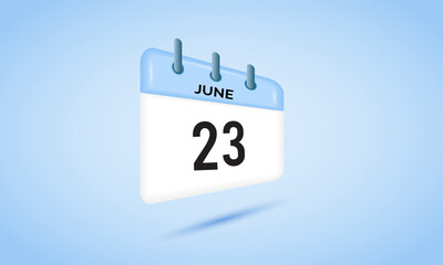 23th June daily calendar icon template. June 23 day calendar design. Single day calendar in vector illustration flat style.