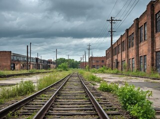 Fototapeta premium A railway track running through an industrial area with weathered brick buildings and old metal warehouses on either side.