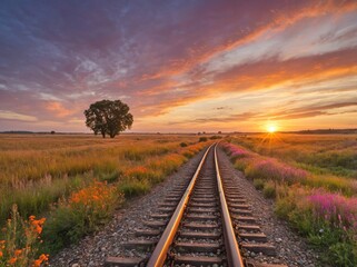 Fototapeta premium A long stretch of railway track running through open countryside at sunset.
