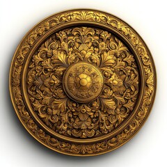 On a gold lace circle, a finely detailed vintage mandala pattern incorporates elements from Islamic, Arabic, Indian, and Ottoman styles
