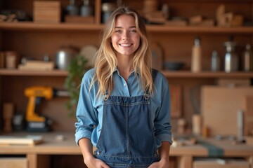 woman in woodworking workshop denim shirt overalls tools around