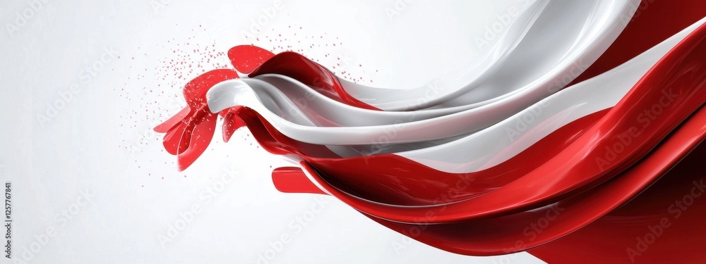 Poster abstract red and white swirling liquid dynamic flowing design, elegant 3d render wave background