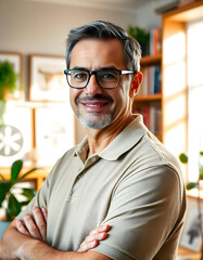 Smart caucasian mature middle-aged freelancer man in beige shirt wearing glasses looking at camera with arms crossed isolated in white background