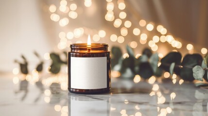 candle jar Mock up with a blank white label, on a marble surface with soft golden light.for Product Mockups and Branding.	
