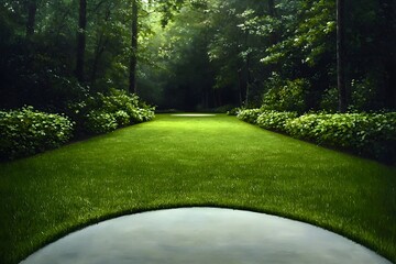 Manicured Geometric Lawn Carpet with Crisp Foliage Borders and Vivid Textures in Modernist Landscape  Pristine and visually striking oil painting with mid 20th century Modernist influence