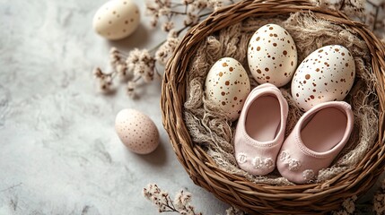 Obraz premium Delicate Easter Flatlay Featuring Pink Baby Shoes and Eggs