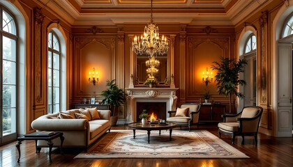 Luxurious living room with fireplace, elegant furniture, and garden view