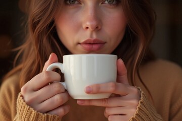 woman sipping coffee in warm cozy atmosphere long dark brown hair