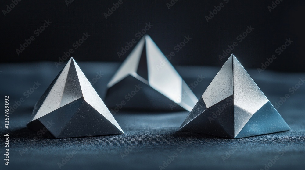 Poster three prism-shaped pyramids sit on a soft black-gray surface, their sleek metallic textures reflecti