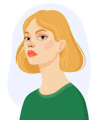 Portrait of a young blonde woman with blue eyes and green clothes. Women's day. Pretty european girl. Vector illustration.
