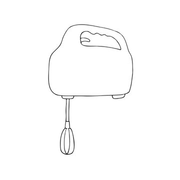 recommend clip art: Vector hand mixer. Graphic ink Plastic kitchen tool illustration isolated on background. Hand drawn line sketch. For designers, prints, logo, icon, menu, postcards, holiday, covers
