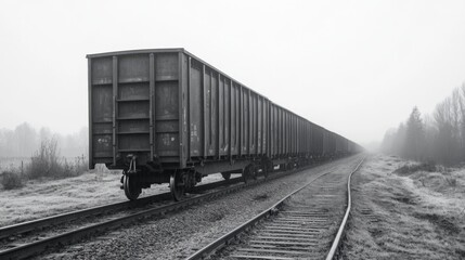 Obraz premium Long freight train on misty railway tracks