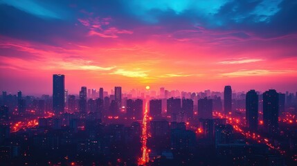 Fototapeta premium Expansive Urban Skyline With Sunset Colors on Horizon
