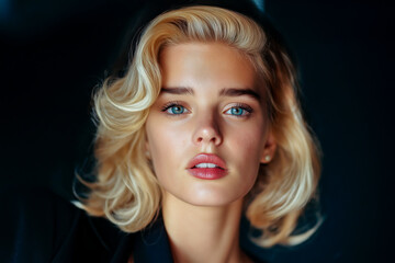 Naklejka premium Portrait of a charming blonde woman on a black background