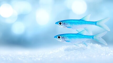 A couple of small blue fish swimming in the snow