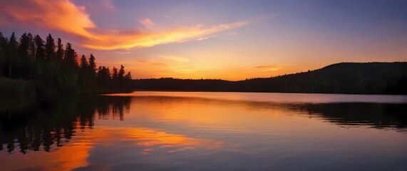 Obraz premium A picturesque scene of a sunset over a quiet lake reflecting vivid colors in still waters inviting reflections of tranquility and peace