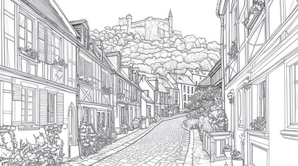Hilltop castle view, cobblestone street, European town, idyllic scene, travel postcard