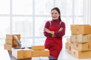 Smiling Young Asian business owner woman standing arms crossed and looking at camera in home...