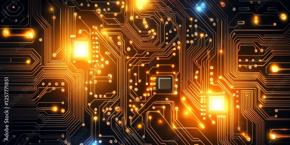 Poster glowing circuit board patterns with orange and cyan lights electronic network vector background