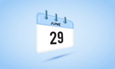 29th June daily calendar icon template. June 29 day calendar design. Single day calendar in vector illustration flat style.