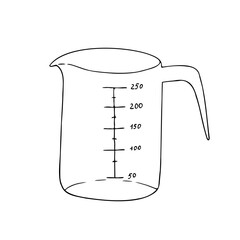 Vector measuring cup. Graphic ink Plastic kitchen tool illustration isolated on background. Hand drawn line sketch. For designers, prints, logo, icon, menu, postcards, holiday, covers