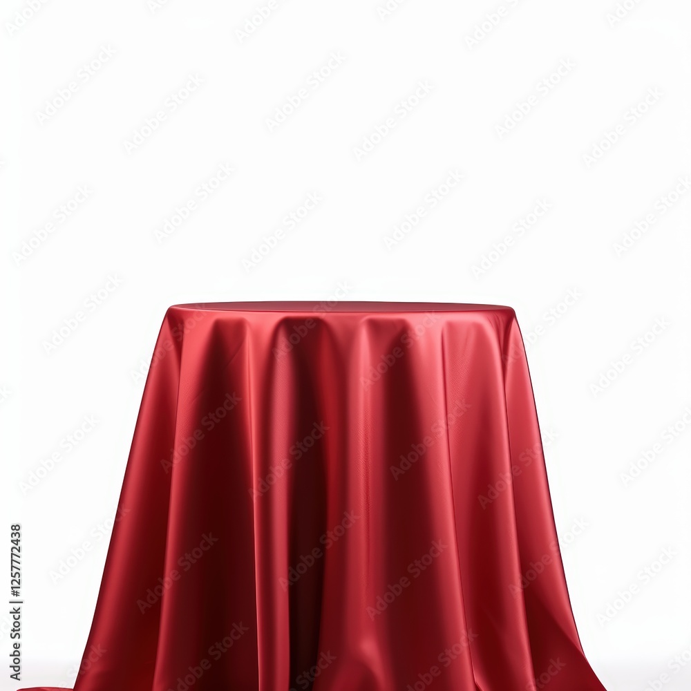 Poster empty red pedestal draped with fabric in a spotlight setting for displaying products or art pieces