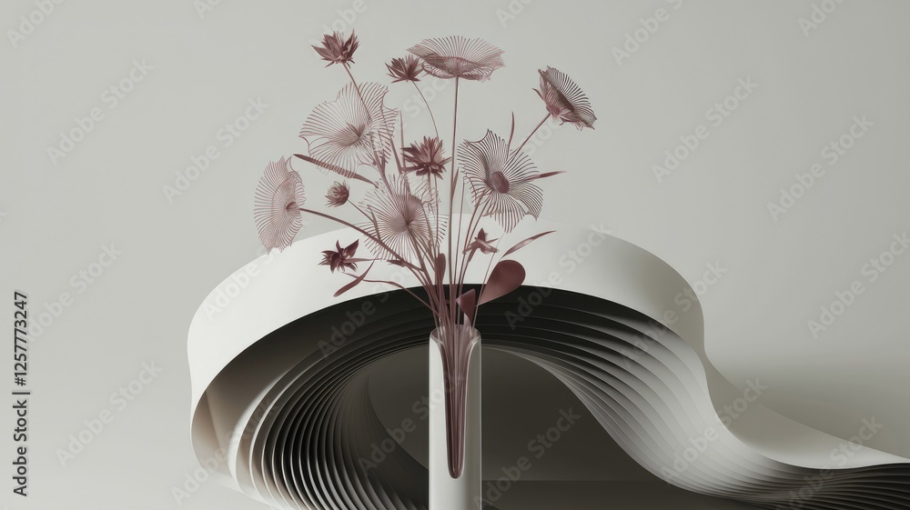 Poster abstract still life featuring a bouquet of stylized mauve flowers in a minimalist vase, set against 