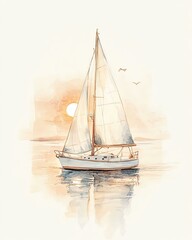 Fototapeta premium Sailing boat on calm waters at sunset.