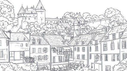 Charming French village, castle hilltop, summer day, tourism