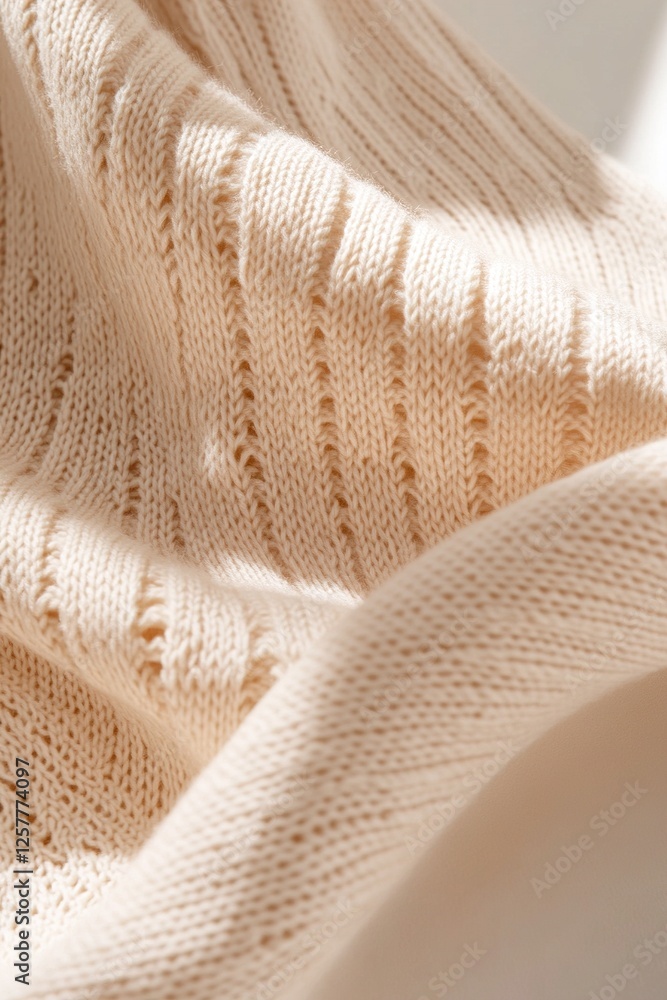 Poster structured beige knitted fabric showcases a beautiful geometric texture, with sharp lighting accentu
