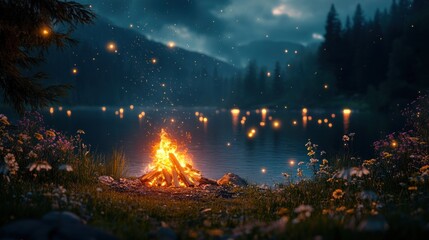 Enchanting Campfire On A Serene Lake At Twilight
